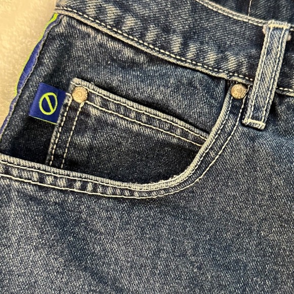 Vintage Y2K No Excuses Denim Shorts Women 13/14 32"Blue Neon Stripe High Waisted - Picture 5 of 8